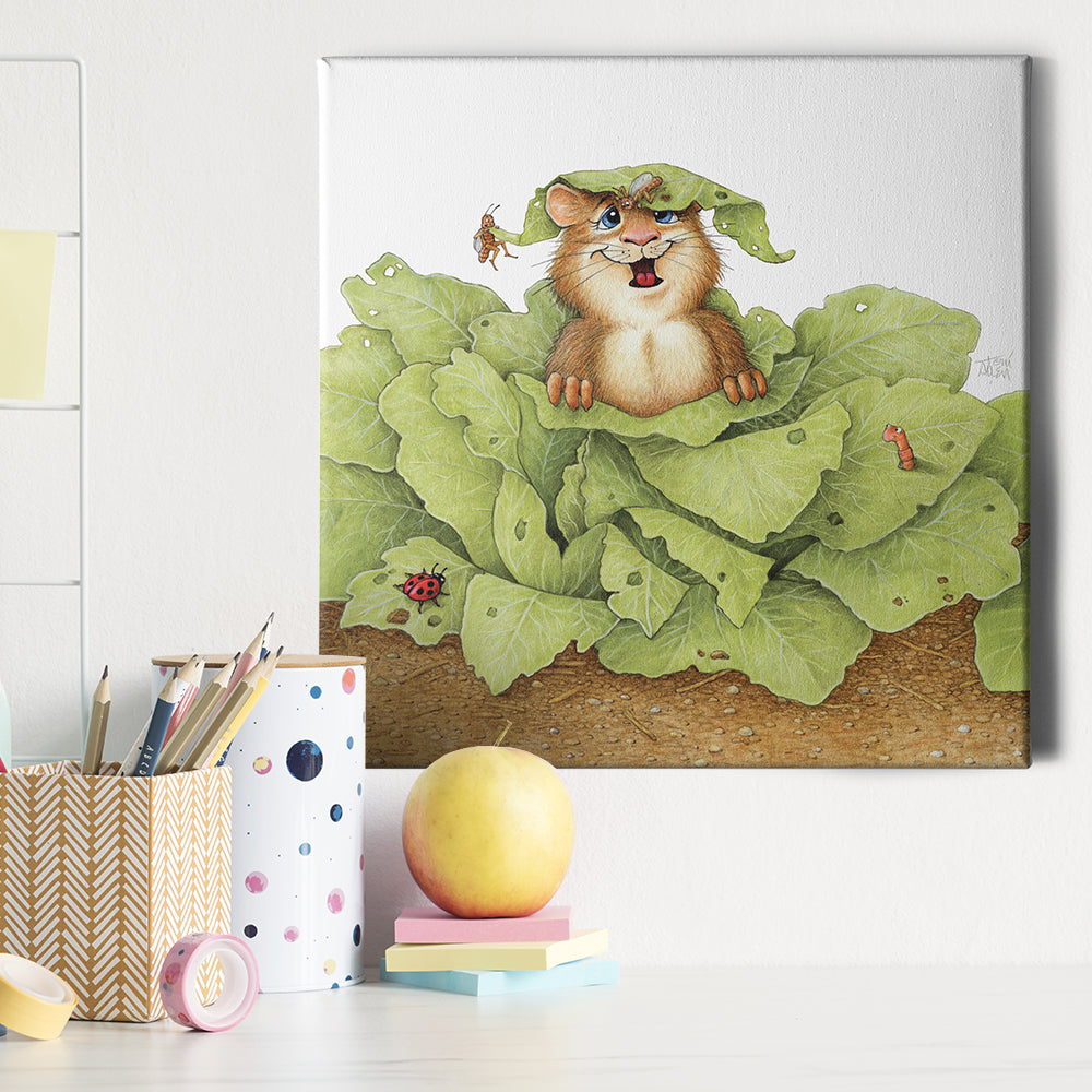 Friendly Kritters Wall Art Print - Gopher in a Garden- 16x16 - Hand Drawn - Canvas