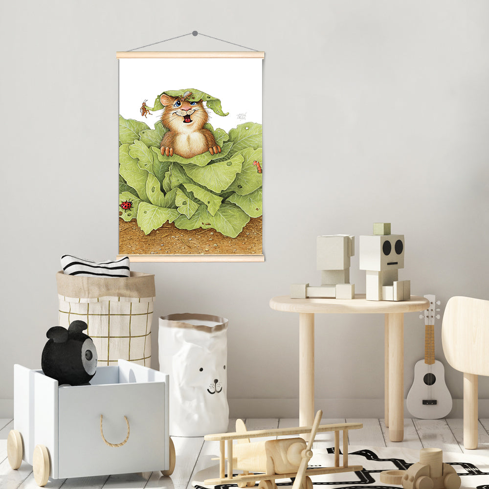 Friendly Kritters Wall Art Print - Gopher in a Garden- 17.5x24 - Hand Drawn - Wood Frame Hanger