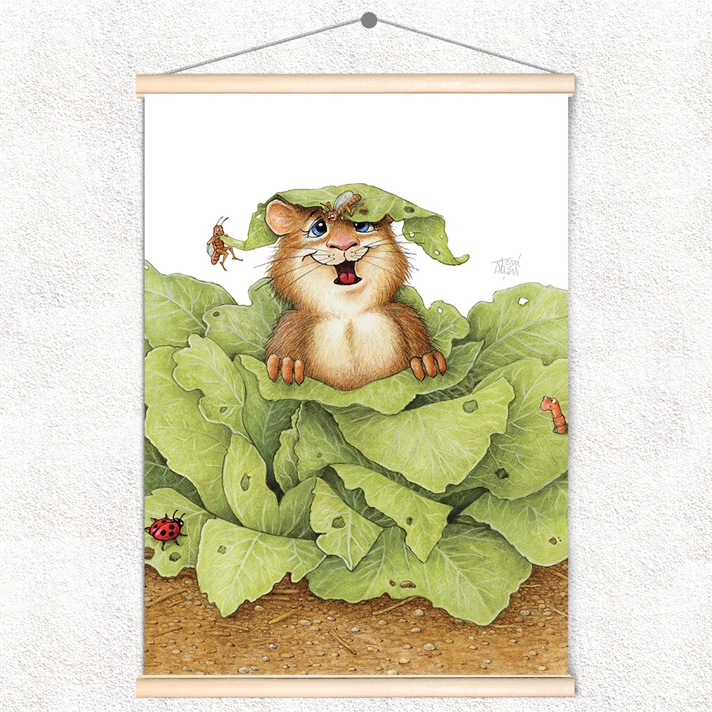 Friendly Kritters Wall Art Print - Gopher in a Garden- 17.5x24 - Hand Drawn - Wood Frame Hanger