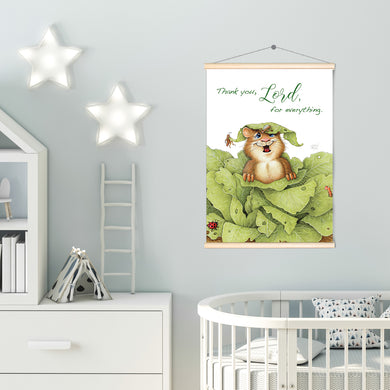 Friendly Kritters Wall Art Print - Gopher in a Garden- 17.5x24 - Hand Drawn - Wood Frame Hanger