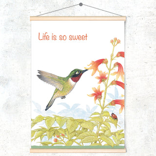 Friendly Kritters Wall Art Print - Hummingbird - 17.5x24 - Hand Drawn - Wood Frame Hanger