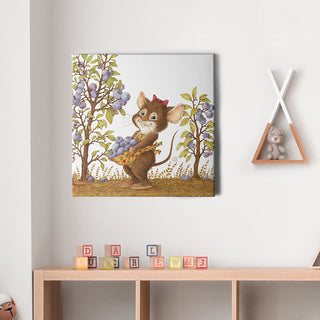 Friendly Kritters Wall Art Print - Mouse Picking Blueberries - 16x16 - Hand Drawn - Canvas