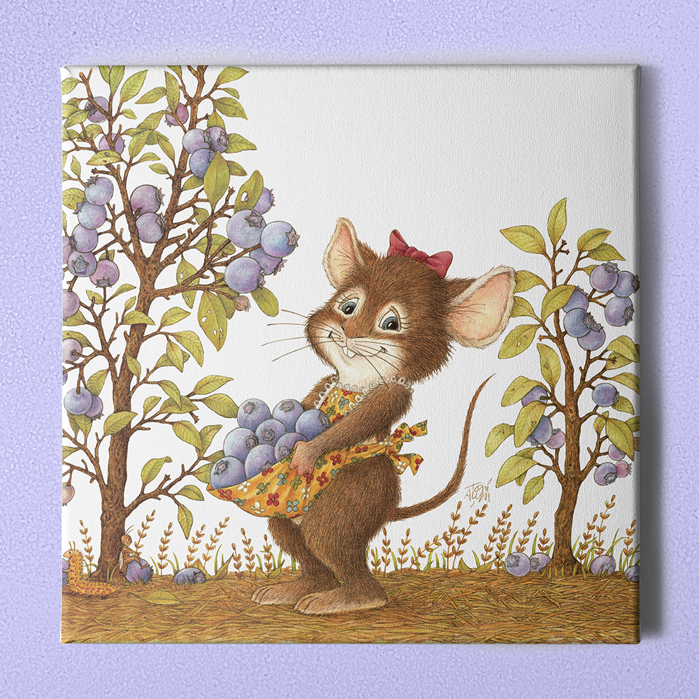 Friendly Kritters Wall Art Print - Mouse Picking Blueberries - 16x16 - Hand Drawn - Canvas