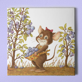 Friendly Kritters Wall Art Print - Mouse Picking Blueberries - 16x16 - Hand Drawn - Canvas