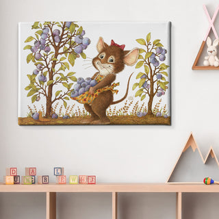 Friendly Kritters Wall Art Print - Mouse Picking Blueberries - 16x24 - Hand Drawn - Canvas