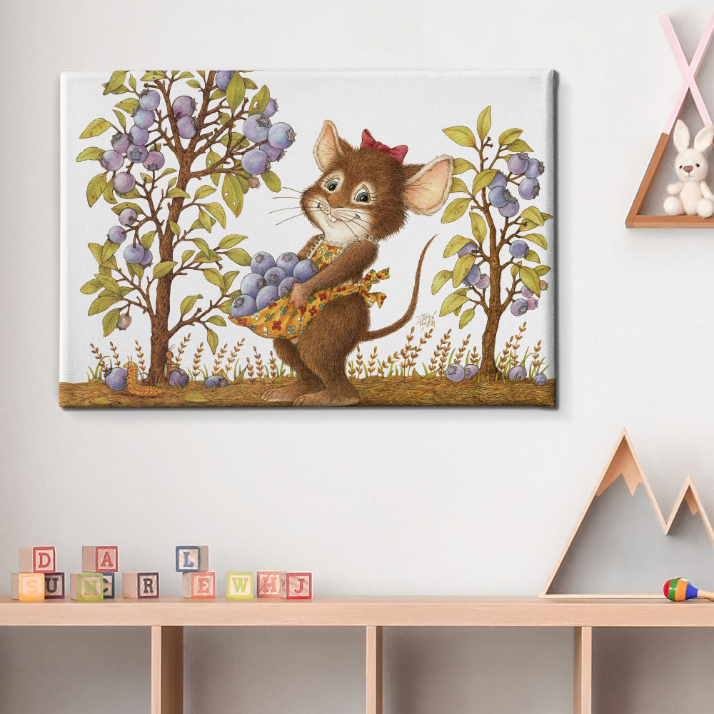 Friendly Kritters Wall Art Print - Mouse Picking Blueberries - 24x36 - Hand Drawn - Canvas