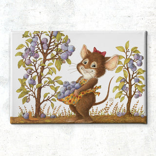 Friendly Kritters Wall Art Print - Mouse Picking Blueberries - 24x36 - Hand Drawn - Canvas