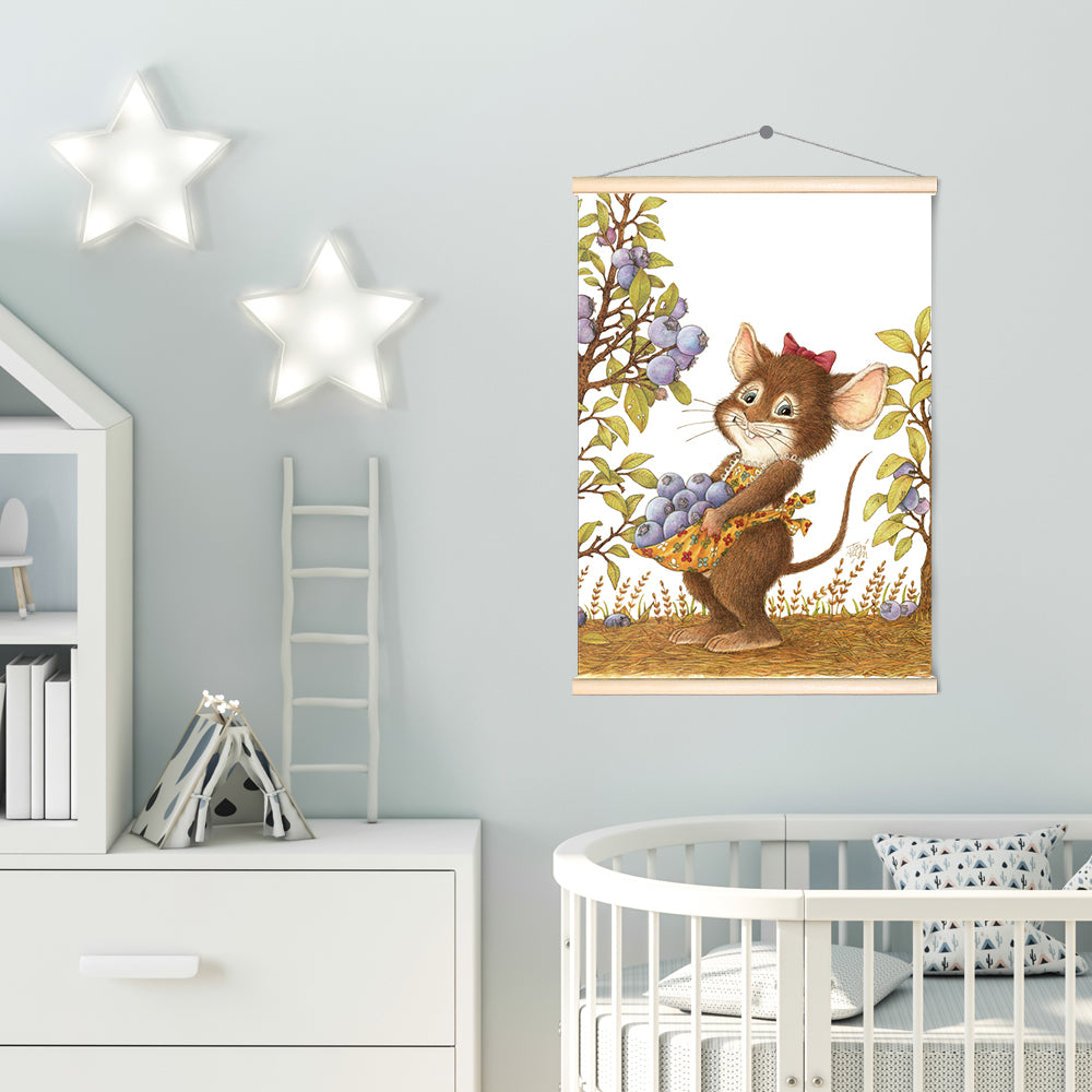 Friendly Kritters Wall Art Print - Mouse Picking Blueberries - 17.5x24 - Hand Drawn - Wood Frame Hanger