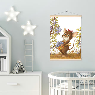 Friendly Kritters Wall Art Print - Mouse Picking Blueberries - 17.5x24 - Hand Drawn - Wood Frame Hanger