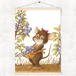 Friendly Kritters Wall Art Print - Mouse Picking Blueberries - 17.5x24 - Hand Drawn - Wood Frame Hanger