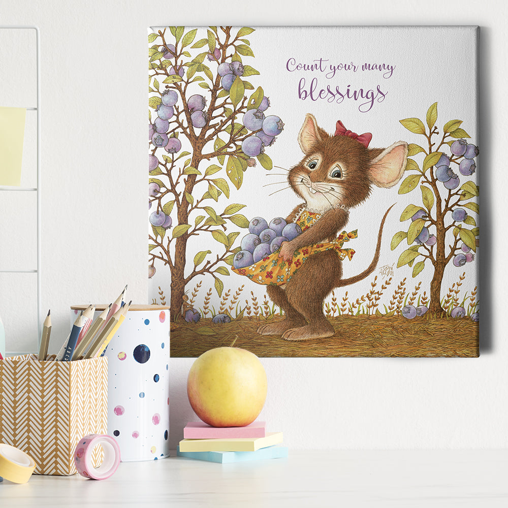 Friendly Kritters Wall Art Print - Mouse Picking Blueberries - 16x16 - Hand Drawn - Canvas