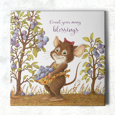 Friendly Kritters Wall Art Print - Mouse Picking Blueberries - 16x16 - Hand Drawn - Canvas