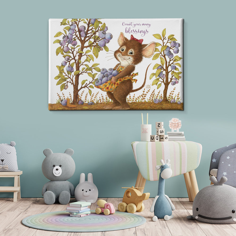 Friendly Kritters Wall Art Print - Mouse Picking Blueberries - 24x36 - Hand Drawn - Canvas