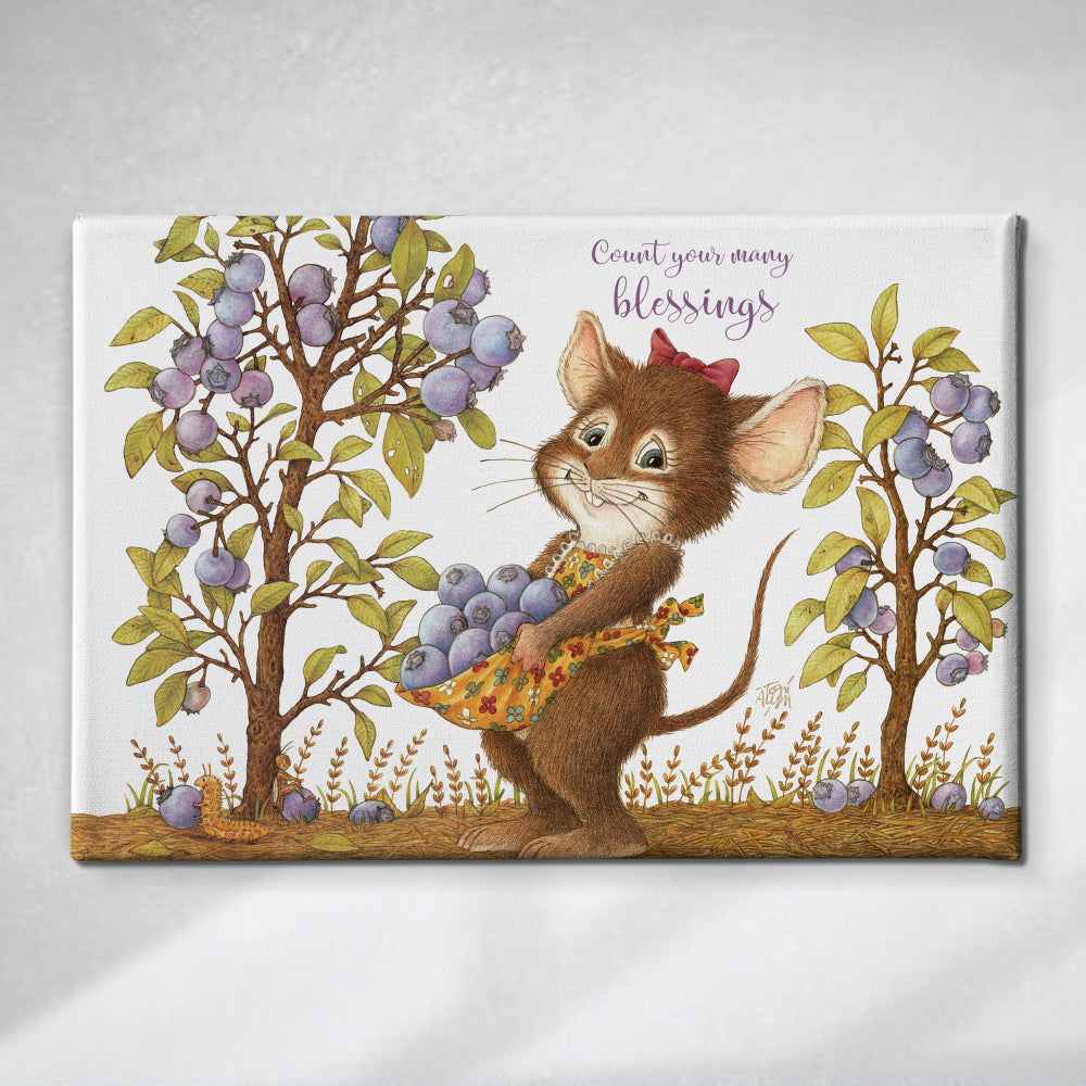 Friendly Kritters Wall Art Print - Mouse Picking Blueberries - 24x36 - Hand Drawn - Canvas