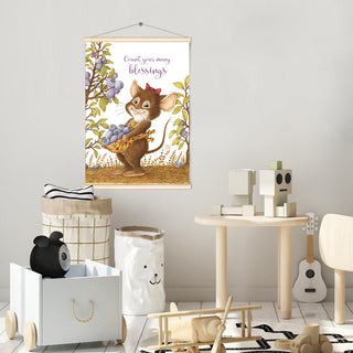 Friendly Kritters Wall Art Print - Mouse Picking Blueberries - 17.5x24 - Hand Drawn - Wood Frame Hanger