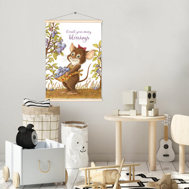 Friendly Kritters Wall Art Print - Mouse Picking Blueberries - 17.5x24 - Hand Drawn - Wood Frame Hanger
