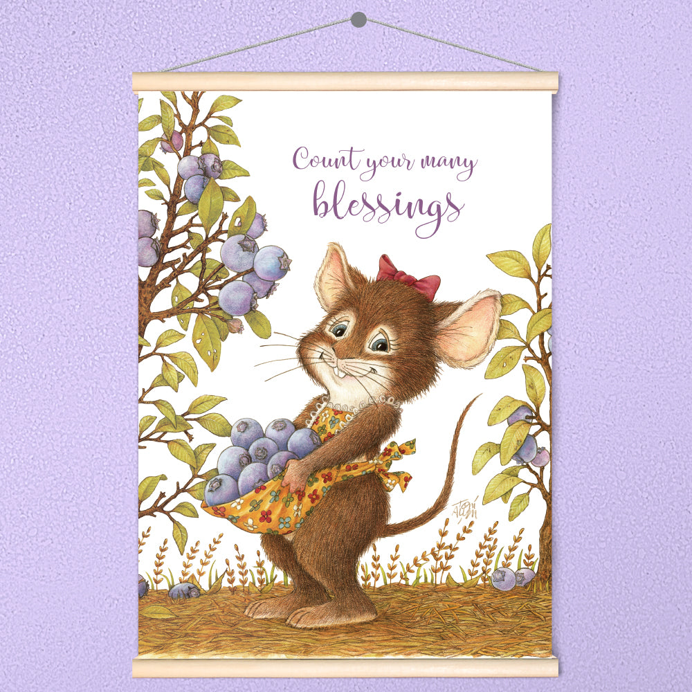 Friendly Kritters Wall Art Print - Mouse Picking Blueberries - 17.5x24 - Hand Drawn - Wood Frame Hanger