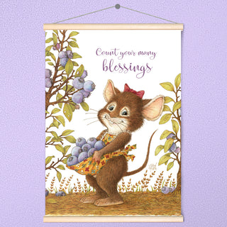 Friendly Kritters Wall Art Print - Mouse Picking Blueberries - 17.5x24 - Hand Drawn - Wood Frame Hanger