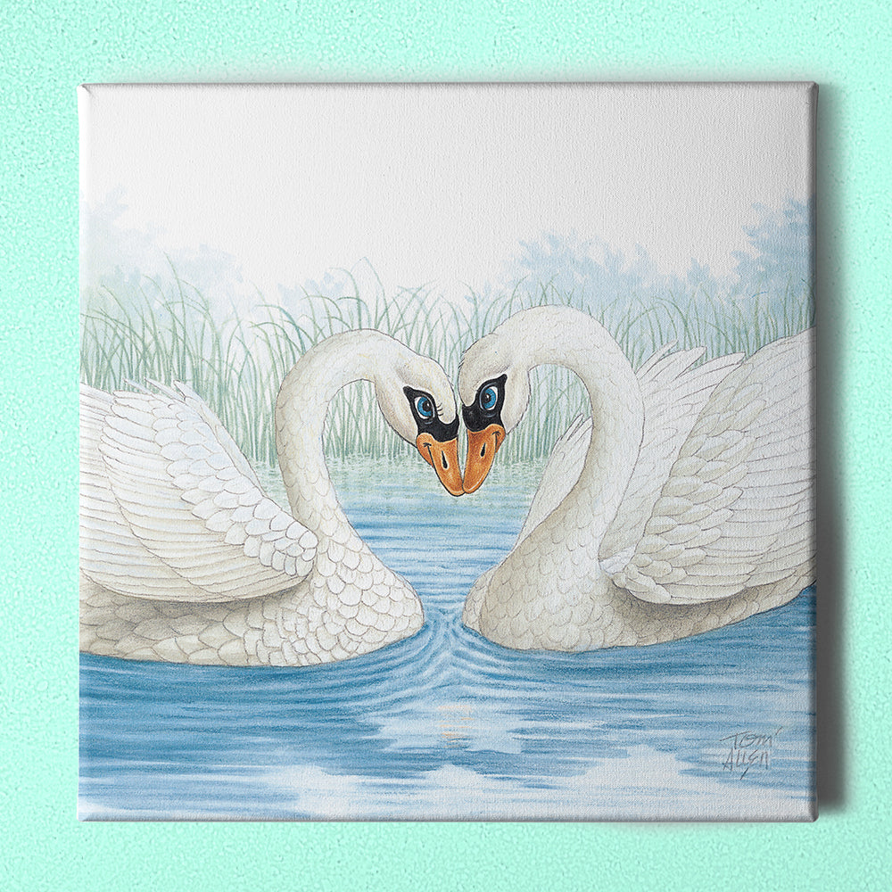 Friendly Kritters Wall Art Print - Loving Swans - 16x16 - Hand Drawn - Canvas