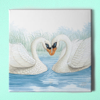 Friendly Kritters Wall Art Print - Loving Swans - 16x16 - Hand Drawn - Canvas