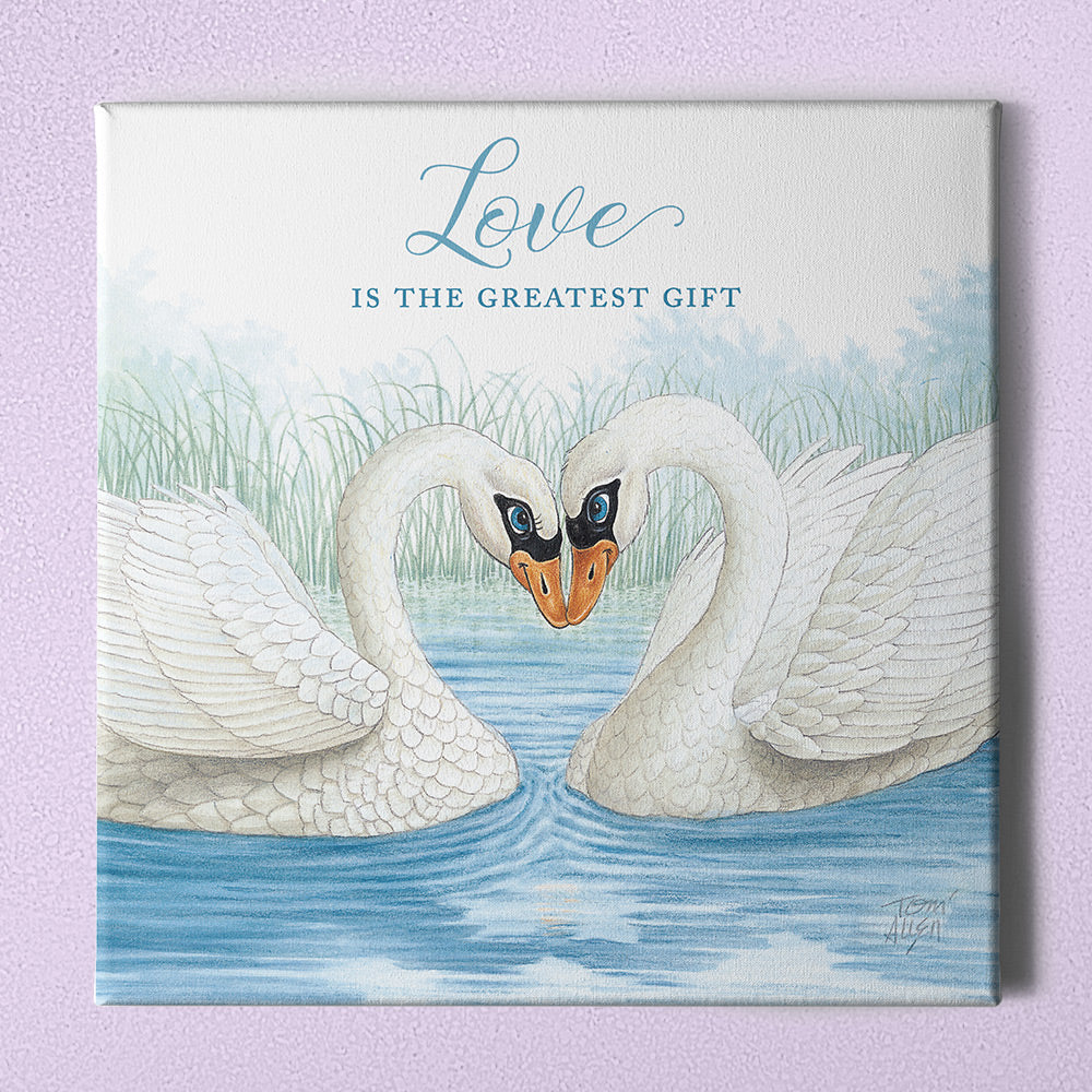 Friendly Kritters Wall Art Print - Loving Swans - 16x16 - Hand Drawn - Canvas