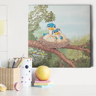 Friendly Kritters Wall Art Print - Bluebird Mama and Baby- 16x16 - Hand Drawn - Canvas