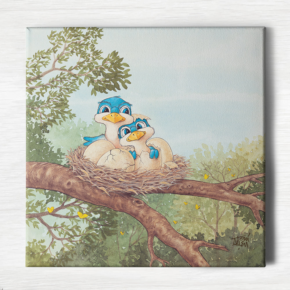 Friendly Kritters Wall Art Print - Bluebird Mama and Baby- 16x16 - Hand Drawn - Canvas