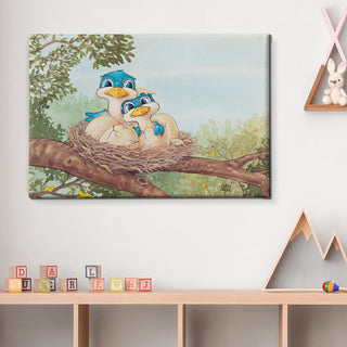 Friendly Kritters Wall Art Print - Bluebird Mama and Baby- 24x36 - Hand Drawn - Canvas