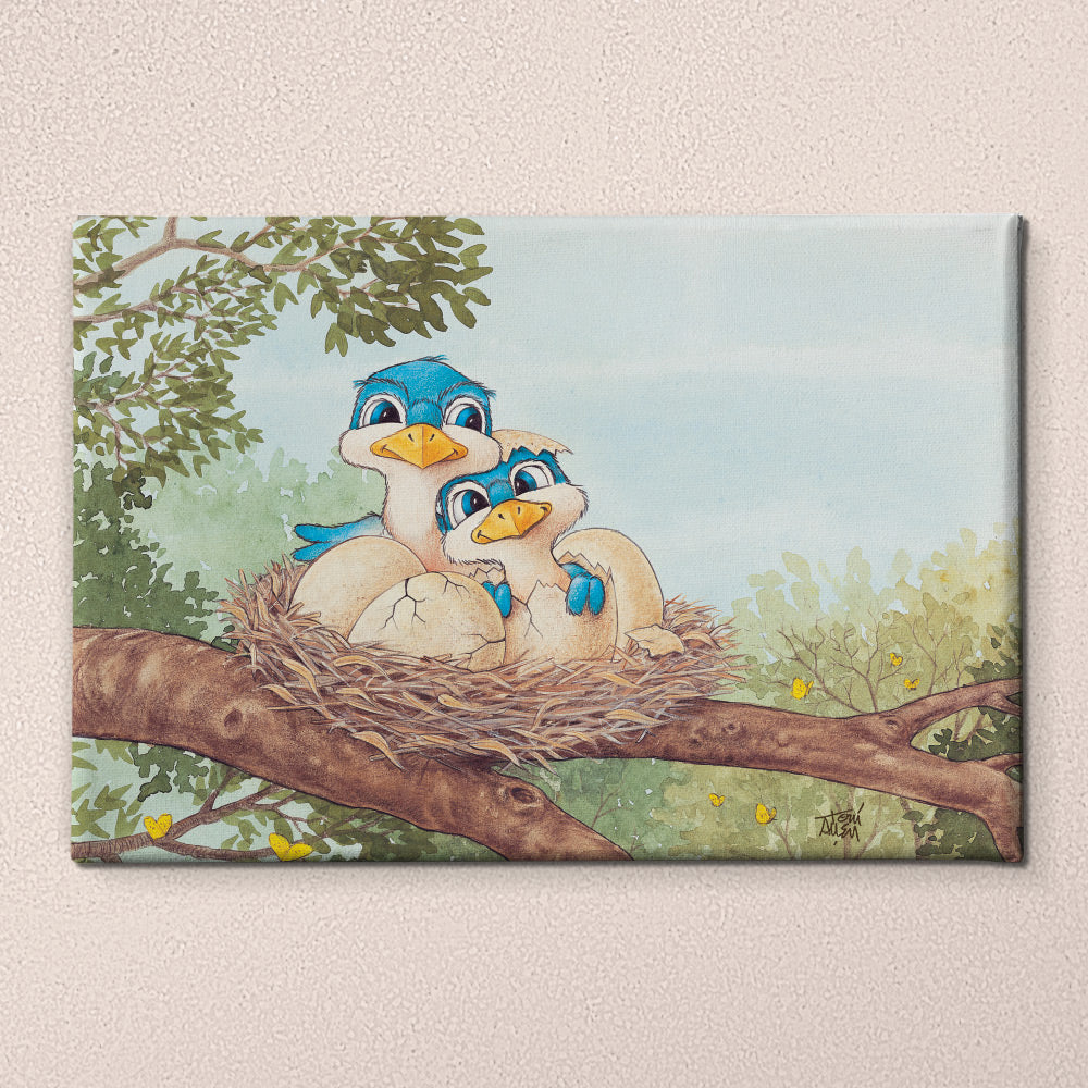 Friendly Kritters Wall Art Print - Bluebird Mama and Baby- 24x36 - Hand Drawn - Canvas