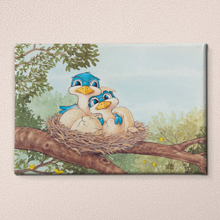 Friendly Kritters Wall Art Print - Bluebird Mama and Baby- 24x36 - Hand Drawn - Canvas