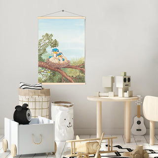 Friendly Kritters Wall Art Print - Bluebird Mama and Baby- 17.5x24 - Hand Drawn - Wood Frame Hanger