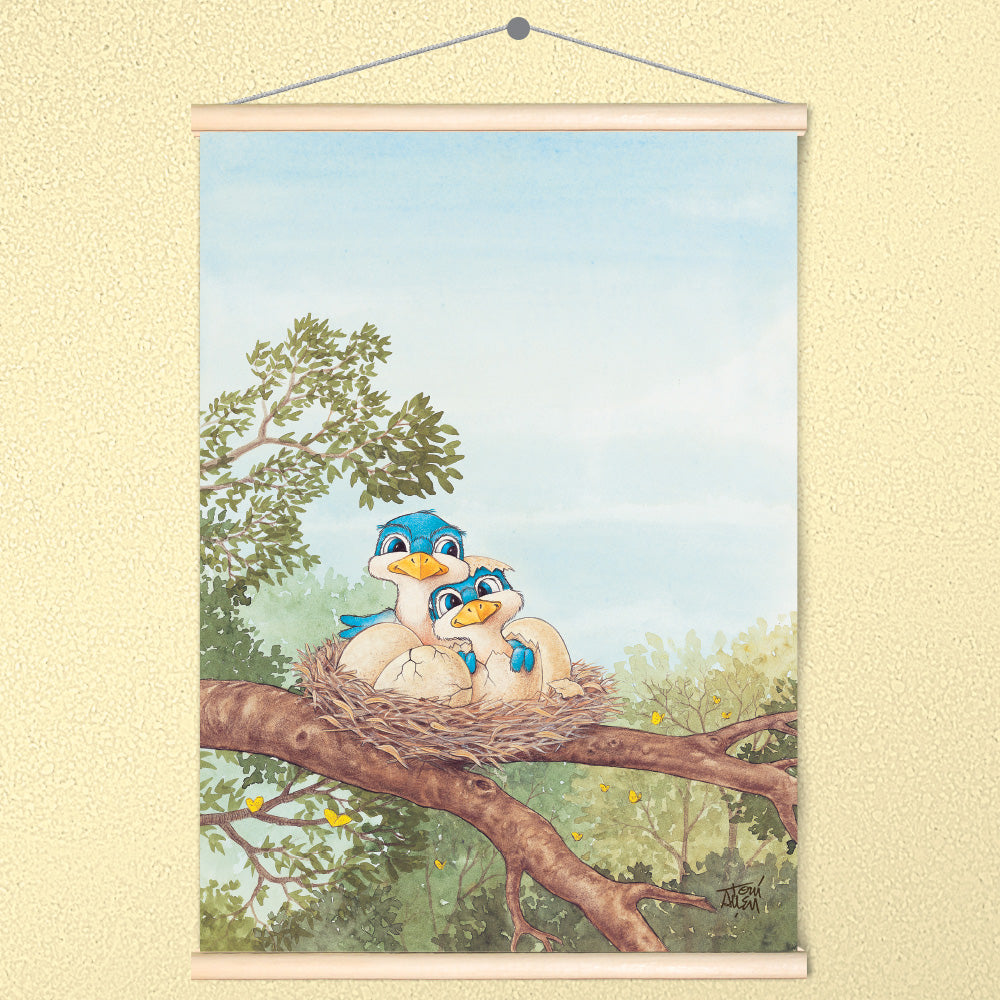 Friendly Kritters Wall Art Print - Bluebird Mama and Baby- 17.5x24 - Hand Drawn - Wood Frame Hanger
