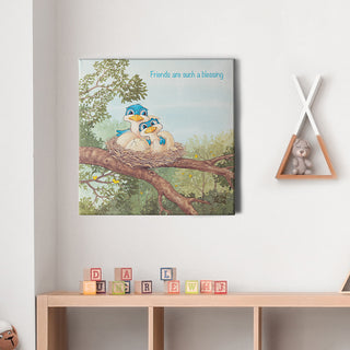 Friendly Kritters Wall Art Print - Bluebird Mama and Baby- 16x16 - Hand Drawn - Canvas