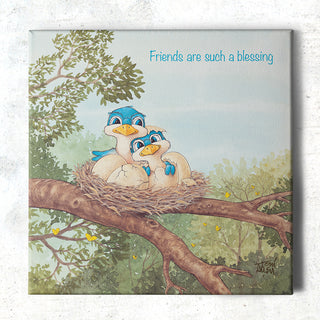 Friendly Kritters Wall Art Print - Bluebird Mama and Baby- 16x16 - Hand Drawn - Canvas