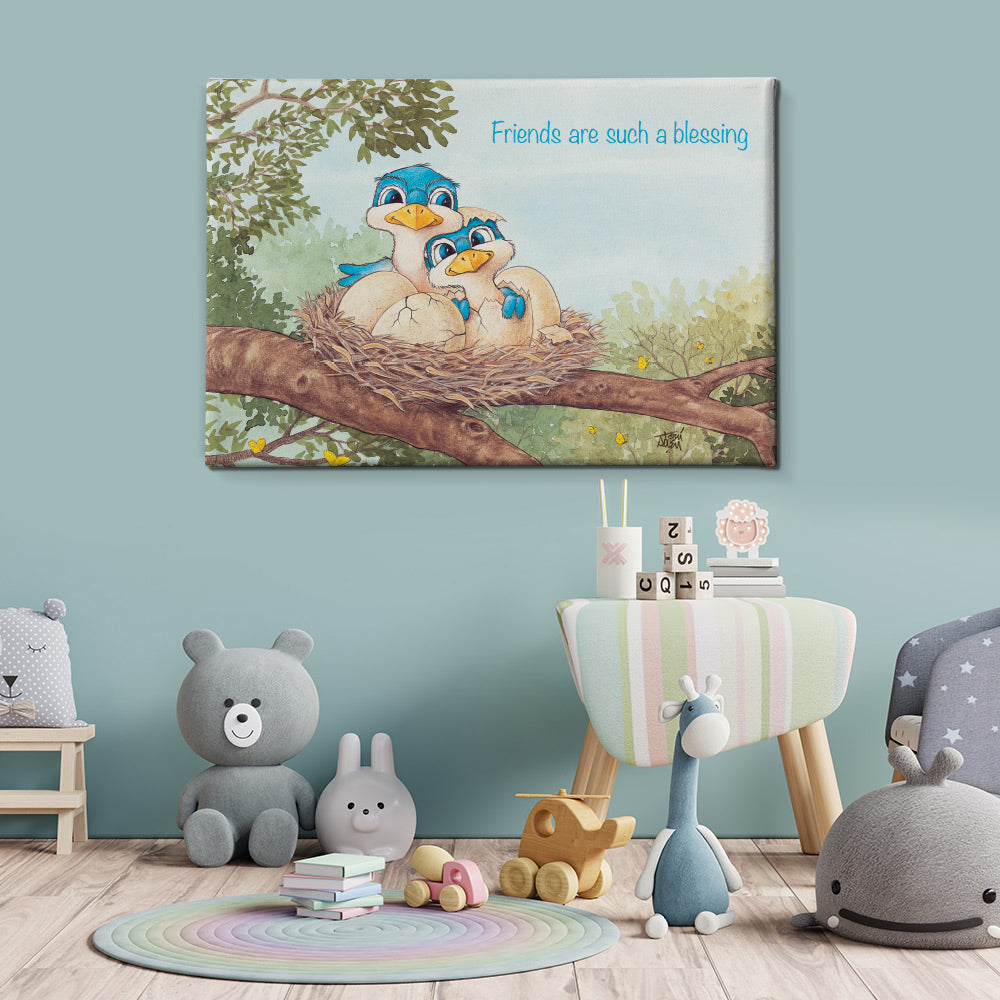 Friendly Kritters Wall Art Print - Bluebird Mama and Baby- 16x24 - Hand Drawn - Canvas
