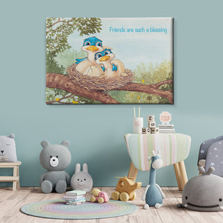 Friendly Kritters Wall Art Print - Bluebird Mama and Baby- 16x24 - Hand Drawn - Canvas
