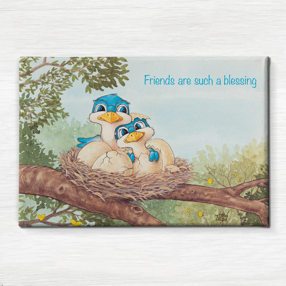 Friendly Kritters Wall Art Print - Bluebird Mama and Baby- 24x36 - Hand Drawn - Canvas