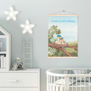 Friendly Kritters Wall Art Print - Bluebird Mama and Baby- 17.5x24 - Hand Drawn - Wood Frame Hanger