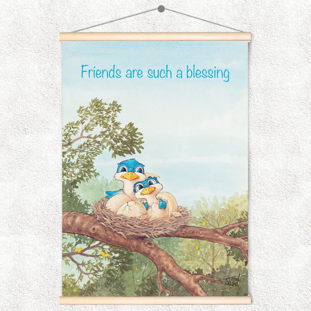Friendly Kritters Wall Art Print - Bluebird Mama and Baby- 17.5x24 - Hand Drawn - Wood Frame Hanger