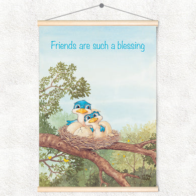 Friendly Kritters Wall Art Print - Bluebird Mama and Baby- 17.5x24 - Hand Drawn - Wood Frame Hanger