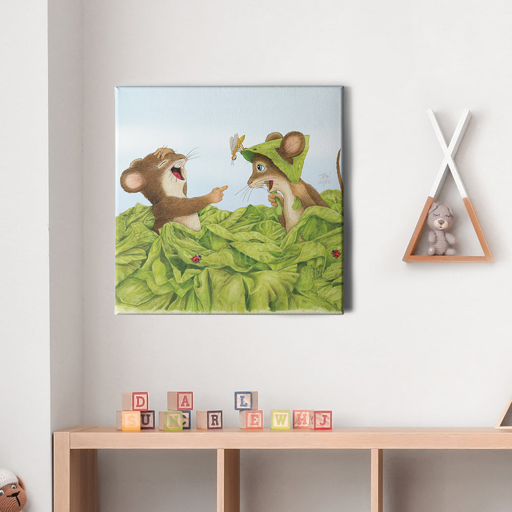 Friendly Kritters Wall Art Print - Mice Playing in Garden - 16x16 - Hand Drawn - Canvas