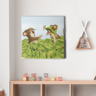 Friendly Kritters Wall Art Print - Mice Playing in Garden - 16x16 - Hand Drawn - Canvas