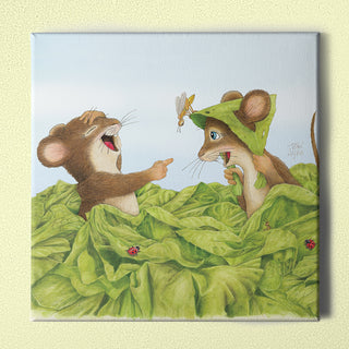 Friendly Kritters Wall Art Print - Mice Playing in Garden - 16x16 - Hand Drawn - Canvas
