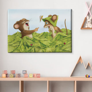 Friendly Kritters Wall Art Print - Mice Playing in Garden - 24x36 - Hand Drawn - Canvas