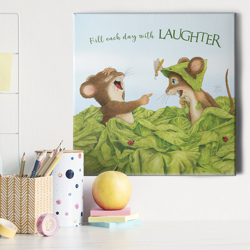 Friendly Kritters Wall Art Print - Mice Playing in Garden - 16x16 - Hand Drawn - Canvas