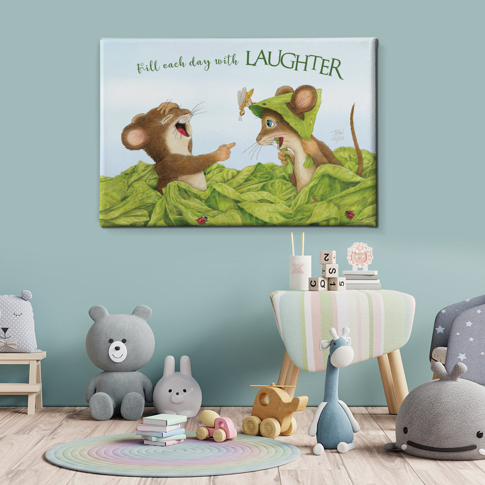 Friendly Kritters Wall Art Print - Mice Playing in Garden - 24x36 - Hand Drawn - Canvas