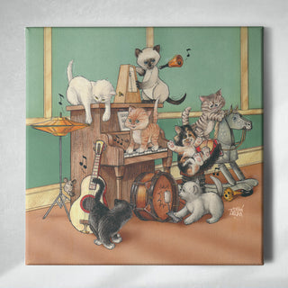 Friendly Kritters Wall Art Print - Cats in a Band - 16x16 - Hand Drawn - Canvas