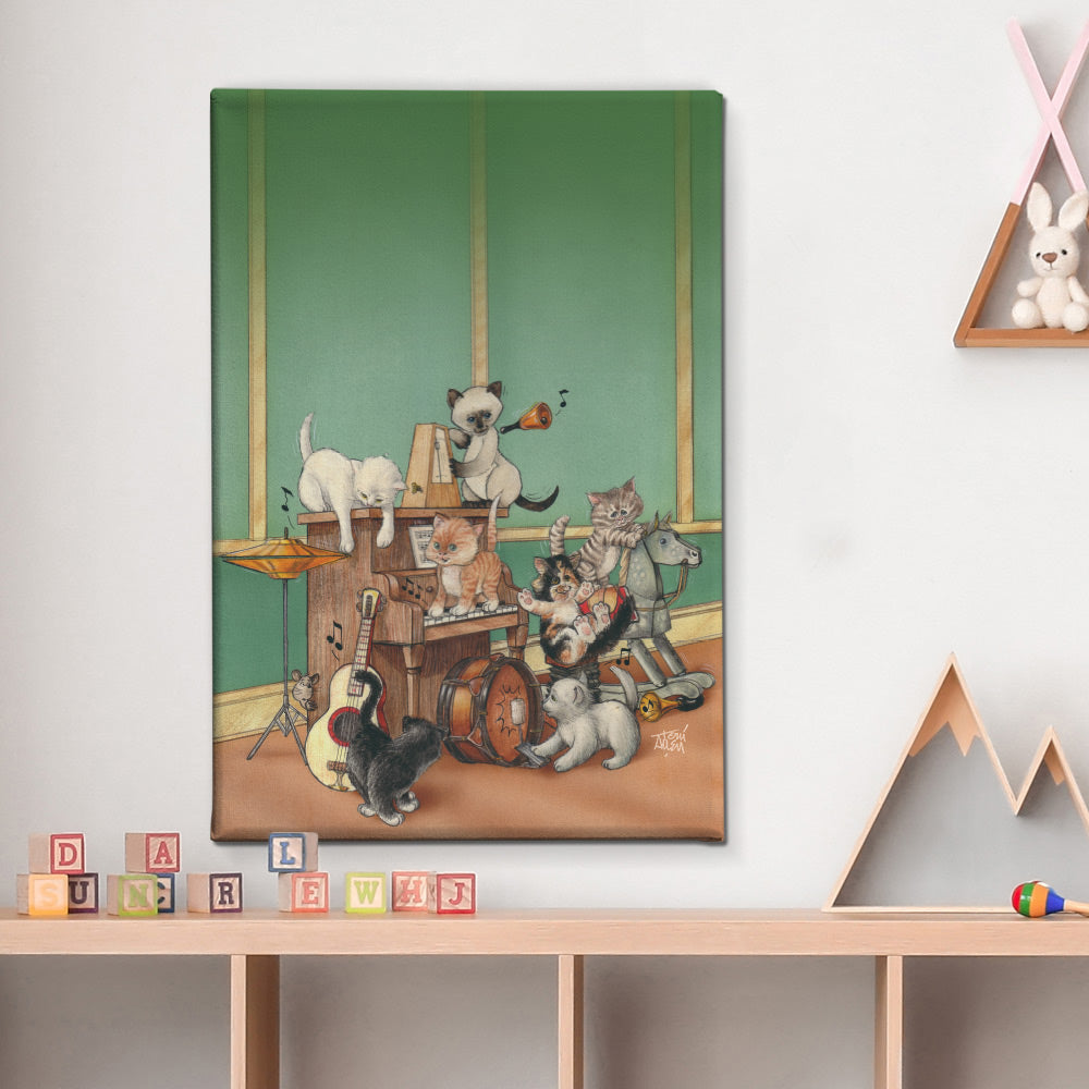 Friendly Kritters Wall Art Print - Cats in a Band - 24x36 - Hand Drawn - Canvas