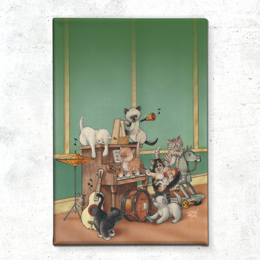 Friendly Kritters Wall Art Print - Cats in a Band - 16x24 - Hand Drawn - Canvas