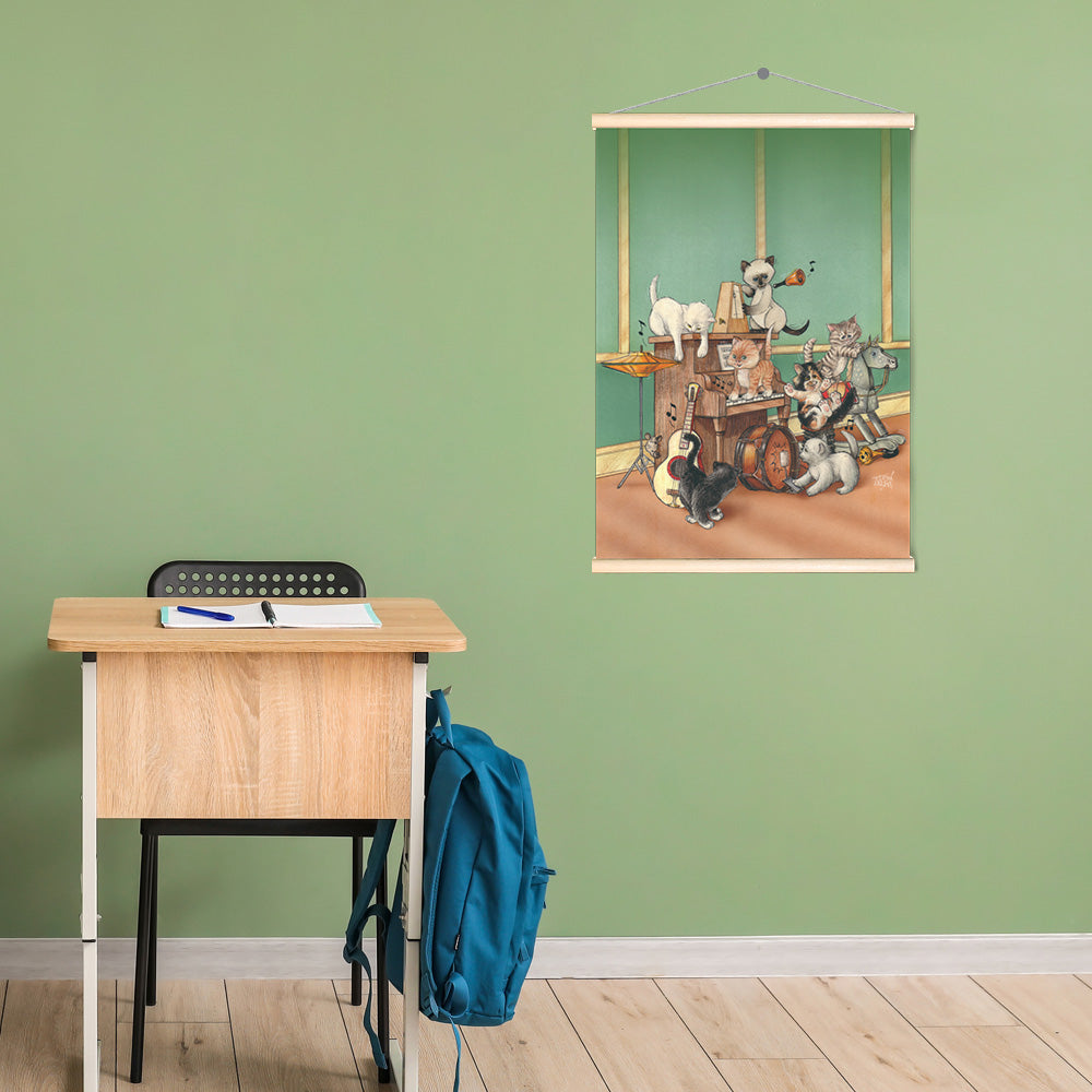 Friendly Kritters Wall Art Print - Cats in a Band - 17.5x24 - Hand Drawn - Wood Frame Hanger